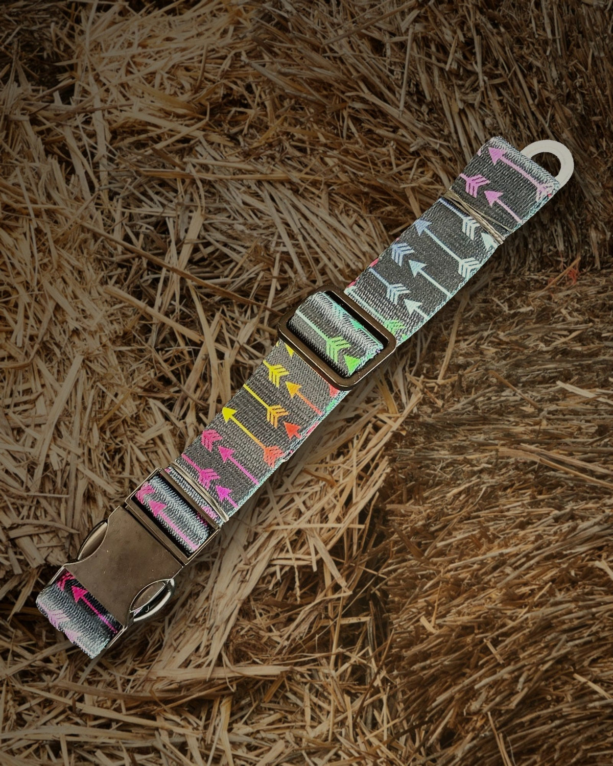 Multicolor Arrows handmade dog leash from Hippie Hound Hut with a stitched handle and cast metal snap hook