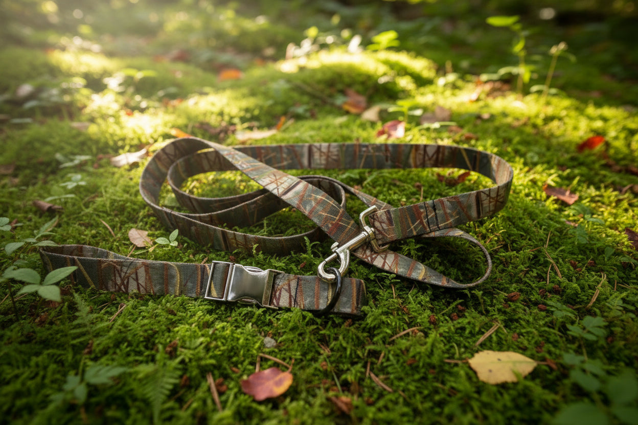 Waterfowl camo dog collar and leash set handmade by Hippie Hound Hut on green moss