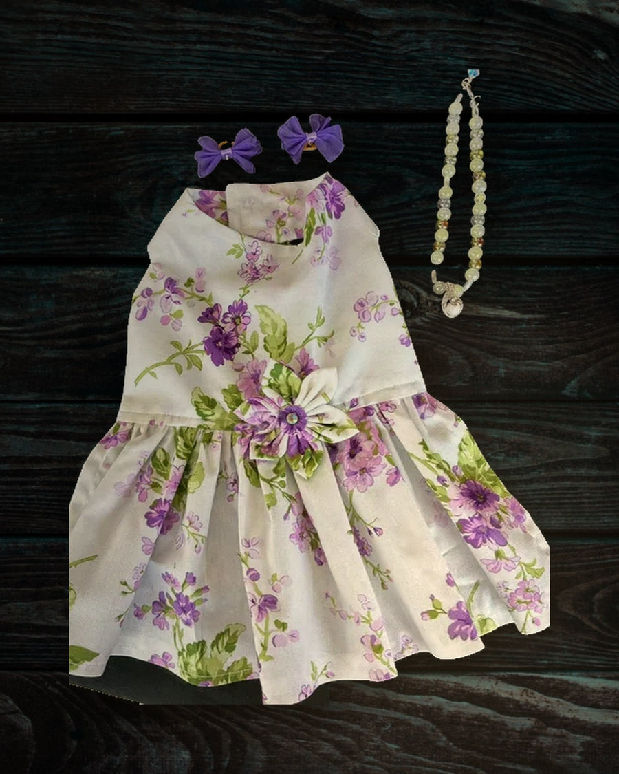 Purple Floral dog dress from Hippie Hound Hut, a soft washable dress sized by your dog's chest, neck and back length