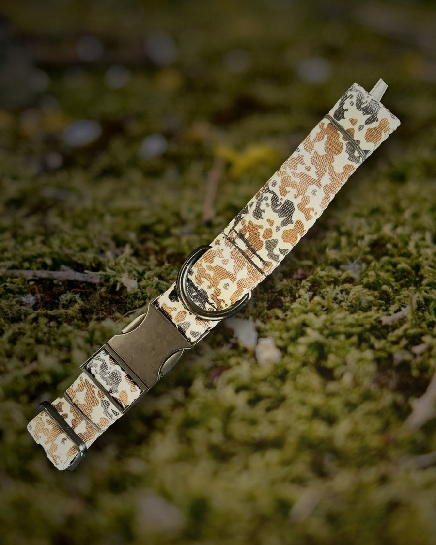 Black & Brown Cow Print matching dog collar and leash set handmade by Hippie Hound Hut