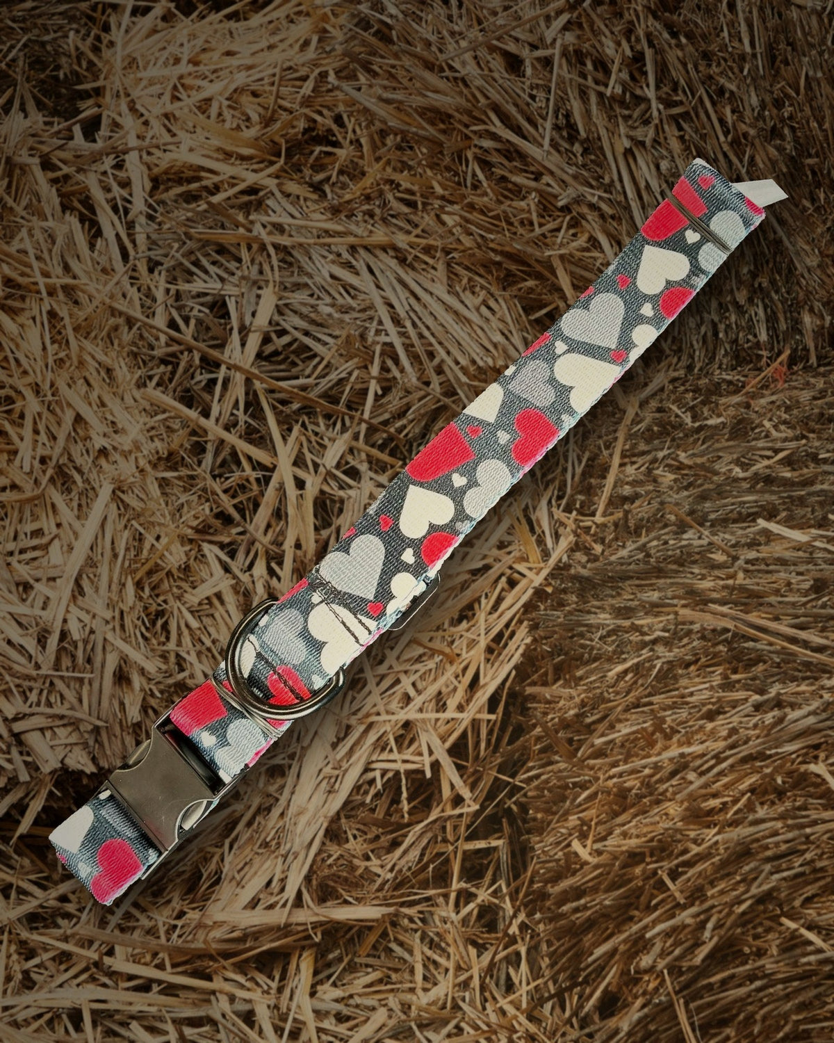 Gray, Red & White Hearts dog collar handmade by Hippie Hound Hut